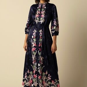 RAISHMA Studio Blue Satin Floral Mandarin Bria Maxi Dress With Belt UK 10 S M